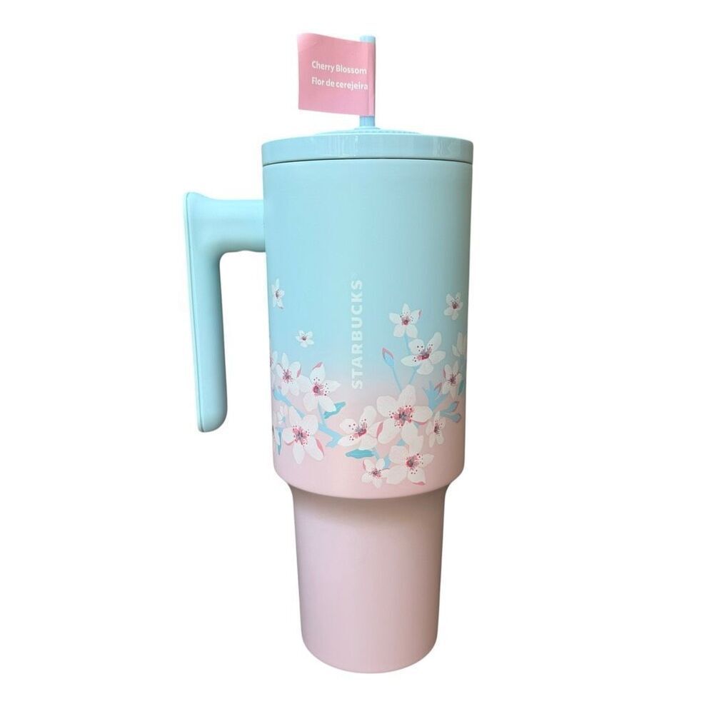 Starbucks Cherry Blossom tumbler pastel blue-to-pink gradient design 40oz New
